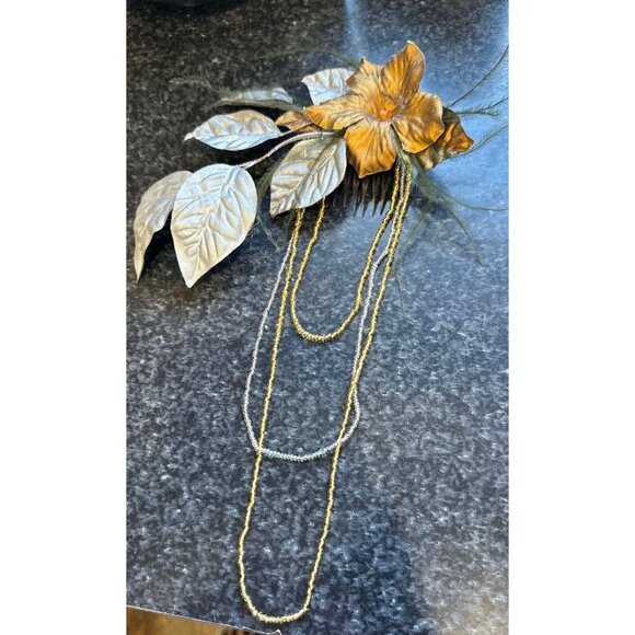 Vintage 1970\'s Handmade Hair Comb Faux Tortise Shell Gold Flower Silver Leaves main image 7